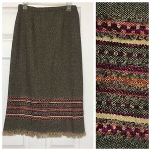 Vintage Wool Blend Tweed Midi Skirt Textured Design Fringe Hem Sz 8P
